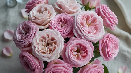 Lush Pale Pink and Blush Rose Bouquet Close-Up Overhead
