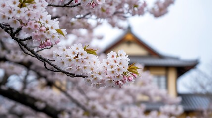 Delicate Pink Cherry Blossoms with Traditional Japanese Temple Backgroun