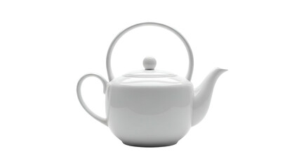 Simple white porcelain teapot with a looped handle is isolated against a dark background.