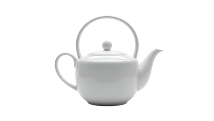 Simple white porcelain teapot with a looped handle is isolated against a dark background.