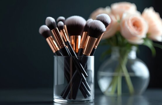 Makeup brush collection sits in glass cup near soft pastel flowers in vase. Pro beauty tools arranged for makeup application and artistry. Various brush types for facial makeup.