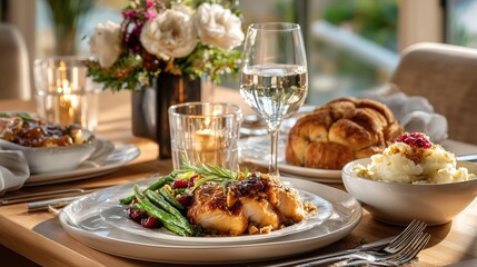 Gourmet meal set on dining table for special occasion