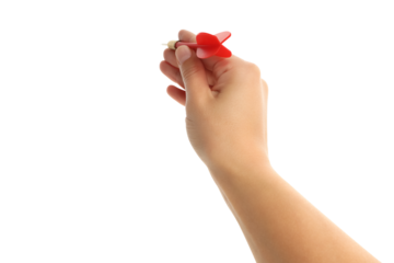 A hand grips a bright red dart poised for action, isolated on white, PNG