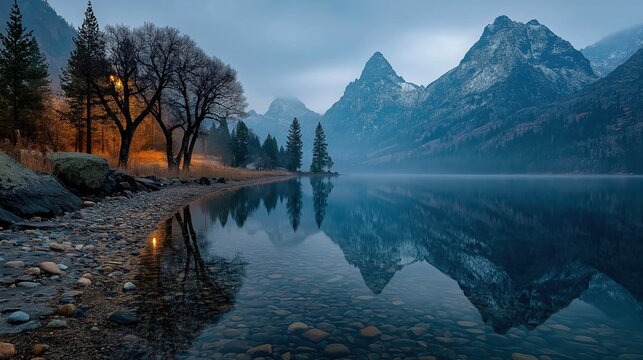 Serene misty mountain lake at dawn with snow peaks, reflective water, bare trees, and golden horizon for travel, wellness, nature background

