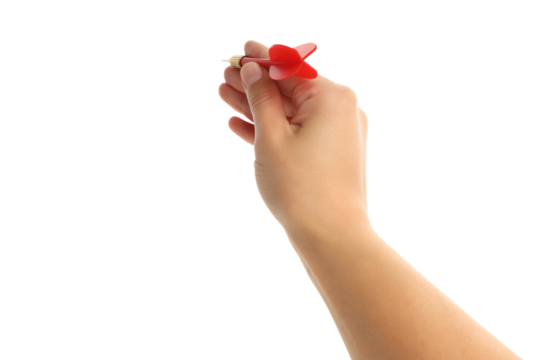 A hand grips a bright red dart poised for action, isolated on white, PNG