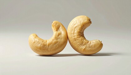 “Two cashew nuts upright on neutral surface resembling lowercase letters ‘c’ and ‘j’ due to curved shapes”