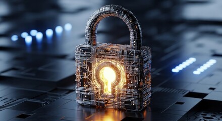 Digital padlock symbolizing cybersecurity in a futuristic technology landscape with glowing elements