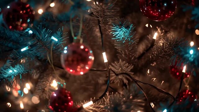 Weihnachtsbaum mit roten und blauen Kugeln und Lichtern dekoriert.
