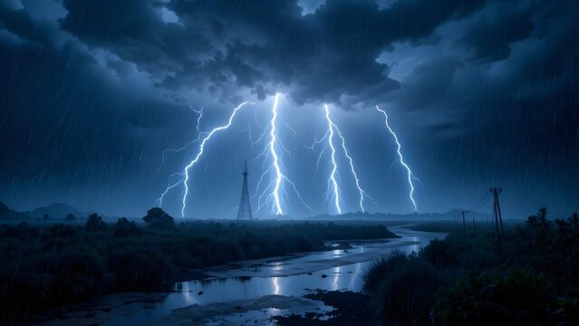Dramatic Lightning Strike Illuminates Dark Stormy Sky Over River Landscape at Night
