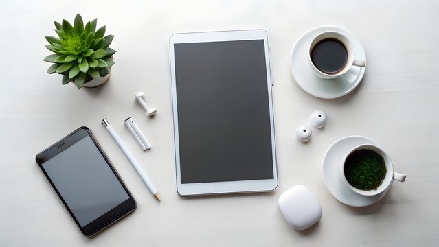 Overhead flat lay of tablet smartphone coffee and accessories on white background for mockup