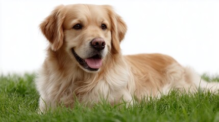 Golden retriever relaxing on green grass in bright daylight at a home backyard