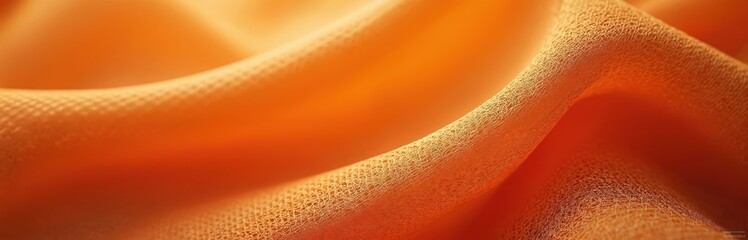 Close up of crumpled orange fabric showing intricate mesh weave. Soft textile texture flows in gentle waves creating abstract background for design. Modern material detail for apparel or decor.