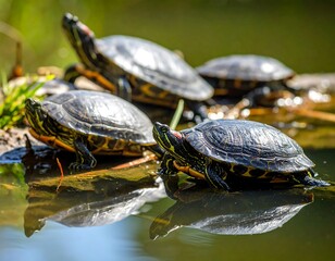 Fototapeta premium Four turtles bask in the sunlight near a tranquil body of water, their shells reflecting in the calm surface