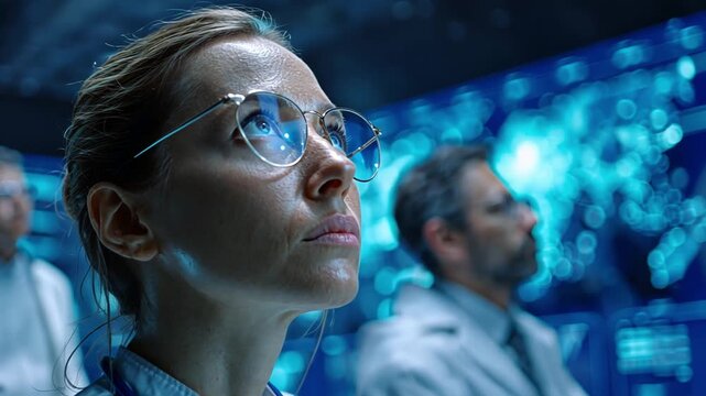 Epidemic healthcare system visualized with scientists tracking outbreak data, digital map glowing in sterile blue tones.
