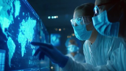 Epidemic outbreak prevention, healthcare professionals analyzing global map with disease data, digital overlay screens in high.