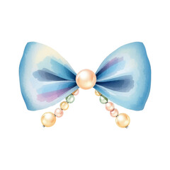 Watercolor blue bow with pearls. Bow in Coquette aesthetics. Retro ribbon Coquette, cute bow, decorative elements for patterns and stickers.isolated. vector
