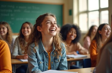 Diverse teenagers laugh together in classroom setting. Students engage in lively discussion, learning and building friendships. Youthful group enjoys education and social interaction during lesson.