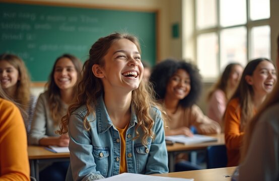 Diverse teenagers laugh together in classroom setting. Students engage in lively discussion, learning and building friendships. Youthful group enjoys education and social interaction during lesson.