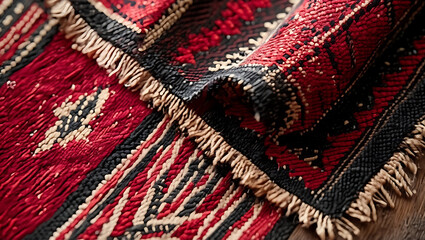 A close-up of a beautiful, traditional red sadu rug with intricate black and white geometric patterns.