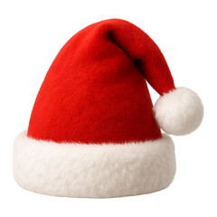 Santa Claus Hat- Plush red holiday cap with white fur trim on transparent background PNG