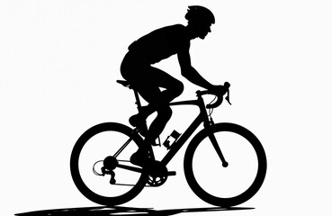 Naklejka premium Cyclist silhouette rides bike on white background. Biker wears helmet. Athlete trains for sport event. Person enjoys road cycling. Cardio, fitness, exercise, speed. Guy biking fast outdoor.