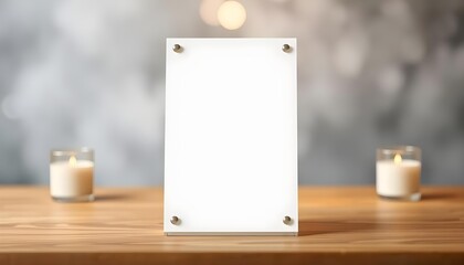 Blank acrylic table tent card mock-up for restaurant menu display | Vertical signage display holder on wooden surface with candlelight ambiance | Elegant A4 paper sign stand mockup for branding or wed