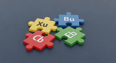 Four brightly colored jigsaw puzzle pieces, each with two letters, interlocked on a dark grey background, representing concepts of connection and solution.