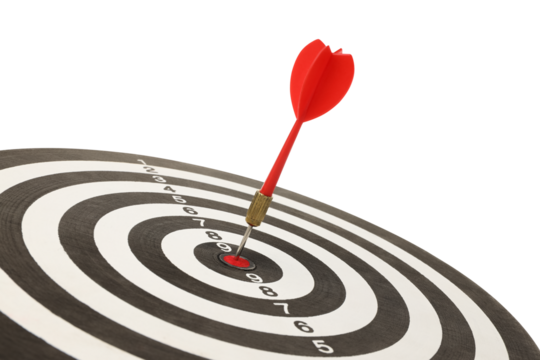 Dart is centered in the target, isolated on white, PNG