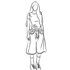 Denim Days, Line Art Illustration of a Woman in Denim Shorts and Sneakers
​
2. 