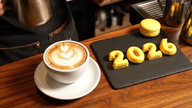 barista creating intricate beverage designs, barista skillfully pouring latte art next to colorful macarons, skilled barista designing detailed latte art beside row of vibrant macarons on slate