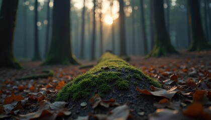 Fallen tree trunk covered in green moss lies on forest floor among dry leaves. Low sun rays pierce foggy woods creating moody twilight atmosphere. Natural woodland scene at dusk.