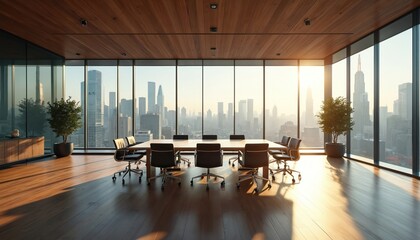 Modern conference room with floor to ceiling windows overlooks city skyline. Sleek design, boardroom table, chairs, indoor plants. Sunlight streams in, casting shadows across wood floor.