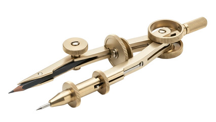 Precision drafting compass tool made of polished brass is isolated against a solid black background