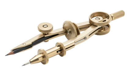 Precision drafting compass tool made of polished brass is isolated against a solid black background