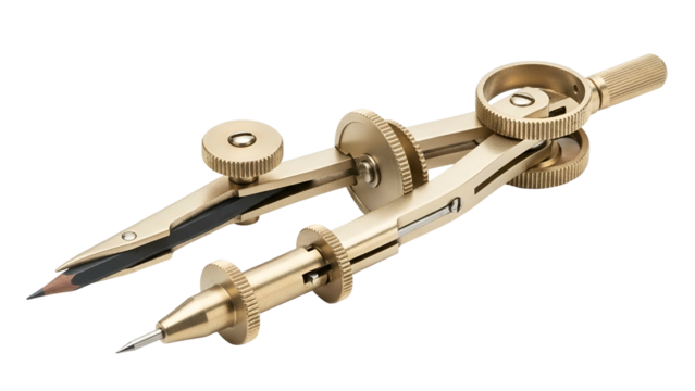 Precision drafting compass tool made of polished brass is isolated against a solid black background