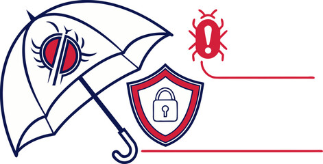 Flat vector illustration showing umbrella protecting laptop with lock and warning shield, symbolizing cybercrime risks, data breach alerts and online security for tech banners, apps and infographics.