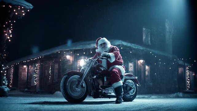 Santa revs a motorcycle outside a snowdusted cabin lined with fairy lights, cinematic fog and headlamp beams turning winter night into adventure; dynamic transport scene for holiday deliveries