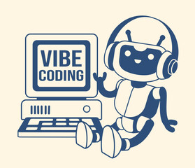 Joyful Ai robot coding with vibe in flow state with headphones