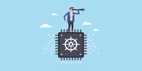 Businessman on kubernetes chip looking through spyglass for future opportunities