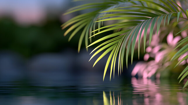 Futuristic tropical scene featuring glowing neon palm trees and vibrant leaves, with colorful neon reflections shimmering across a smooth water surface in a dark ambient setting