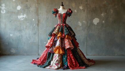 Colorful patchwork ball gown assembled from various fabrics. Tiered skirt and voluminous silhouette create dramatic artistic statement. Eco-friendly fashion piece with unique handcrafted design.