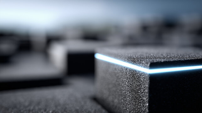 Futuristic 3D abstract background featuring black cubes with glowing neon blue edges, creating a modern digital grid composition suitable for technology, gaming, and sci-fi visual projects