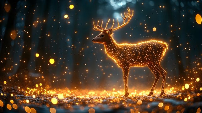 Majestic deer illuminated by glowing lights in a serene forest setting at twilight - Powered by Adobe