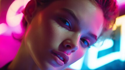 Young woman posing with neon lights in the background during a vibrant night scene