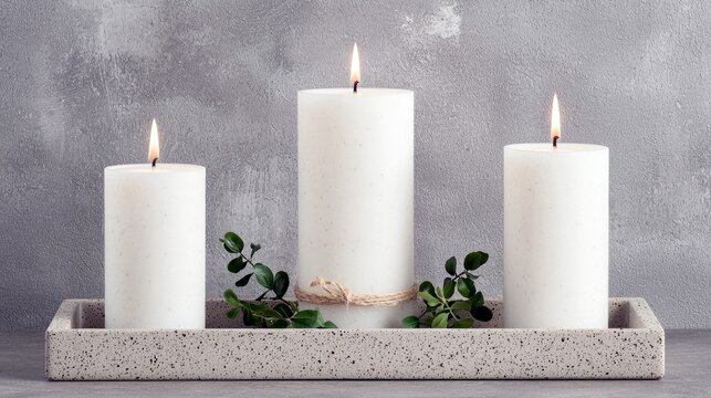 Three white pillar candles with lit flames and green leaves are placed on a concrete tray against a textured gray wall.