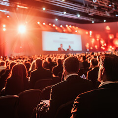 Large audience watches a bright stage presentation in a grand event hall.