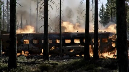 Burning aircraft wreckage in a forest, flames and smoke rising. For disaster, tragedy, or emergency concept