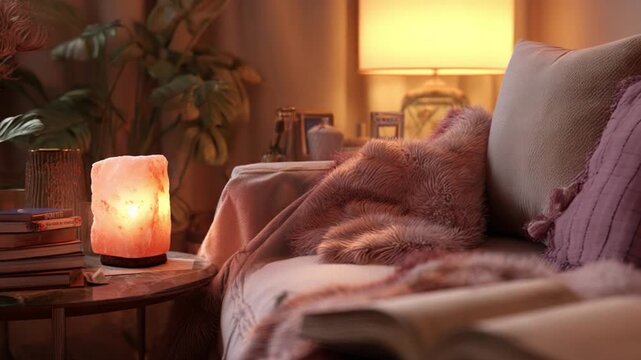 Home relaxation zone A cozy corner of a living room with soft blankets, plush cushions, a glowing salt lamp, and a good book.