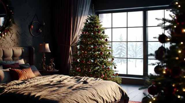 Cozy Christmas bedroom with decorated tree, snow outside a window, for holiday decor, cards, or adverts