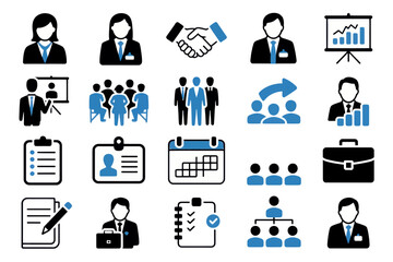Illustration of business and office icons representing meetings, planning, and organization of work silhouette